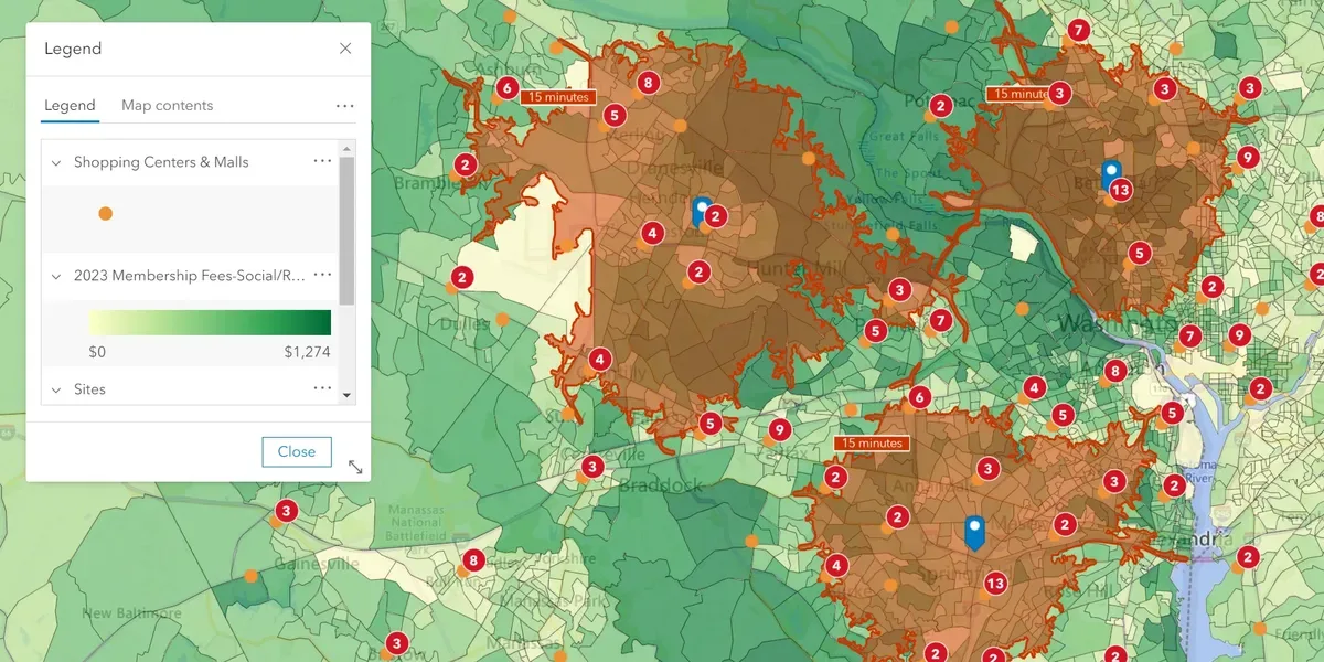 Map of 15-minute drive-time trade areas around three sites in Northern Virginia, over membership-fee spending by area, with nearby shopping centers marked
