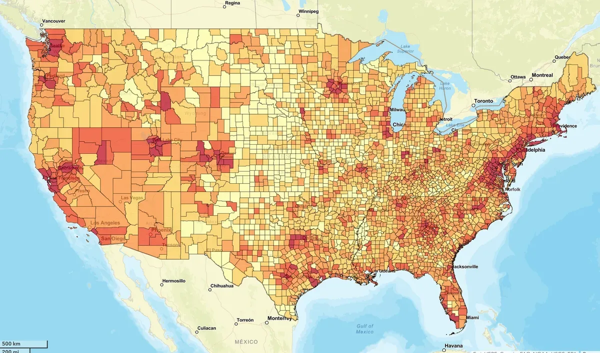 Choropleth map showing pest control average spend by county across the US, 2023